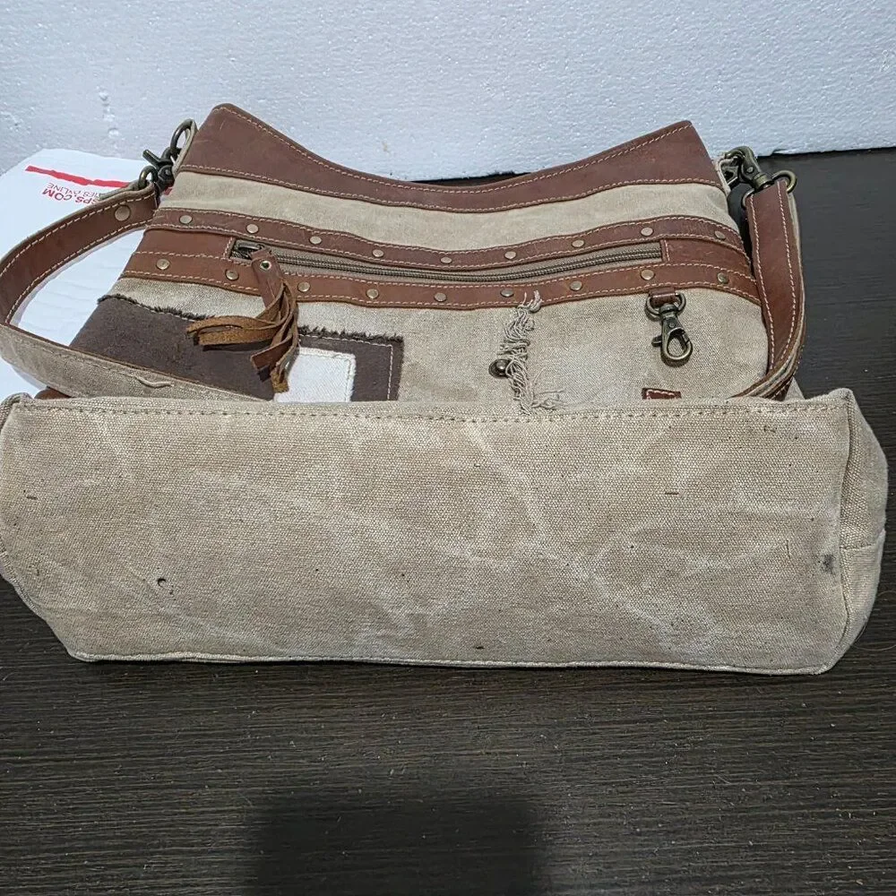 Myra Country Charm Upcycled Canvas & Leather Beige Brown Shoulder Crossbody Bag - Picture 12 of 12